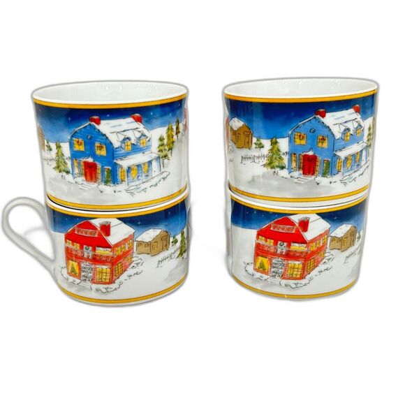 American Atelier Christmas/Winter Village Coffee/Hot Chocolate Cups Set of 4 - Picture 1 of 9